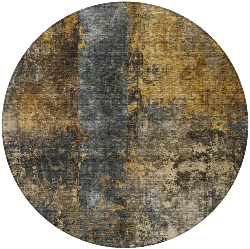 8' Gray Brown And Gold Round Abstract Washable Indoor Outdoor Area Rug Photo 4