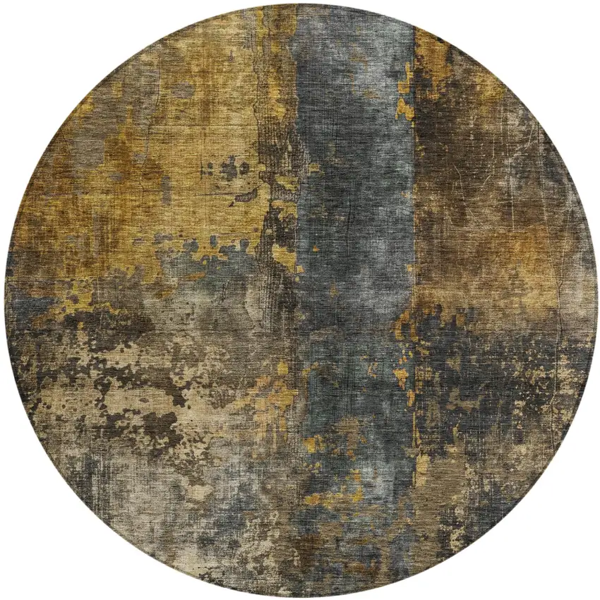 8' Gray Brown And Gold Round Abstract Washable Indoor Outdoor Area Rug Photo 2