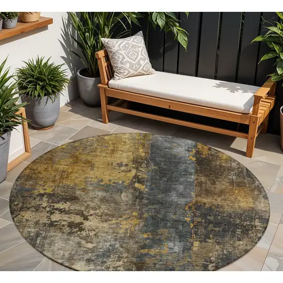 8' Gray Brown And Gold Round Abstract Washable Indoor Outdoor Area Rug Photo 1