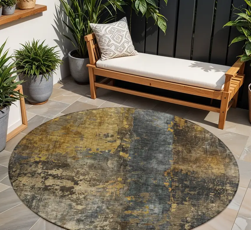 8' Gray Brown And Gold Round Abstract Washable Indoor Outdoor Area Rug Photo 1