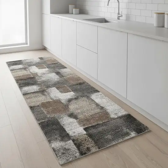 8' Gray Brown And Ivory Abstract Runner Rug Photo 1