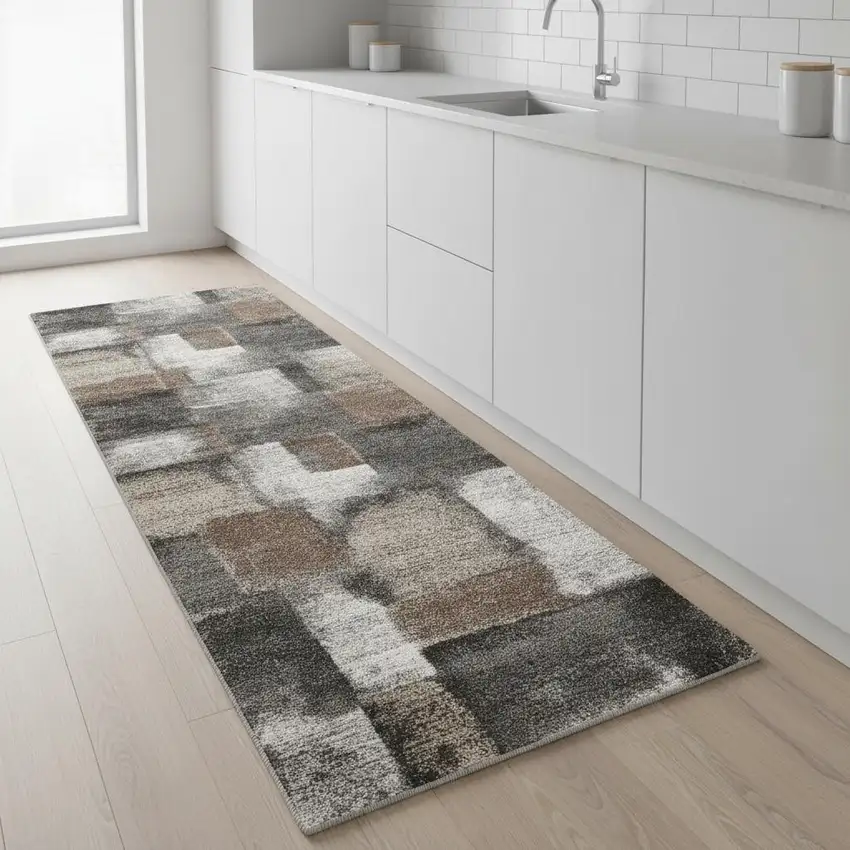 8' Gray Brown And Ivory Abstract Runner Rug Photo 1