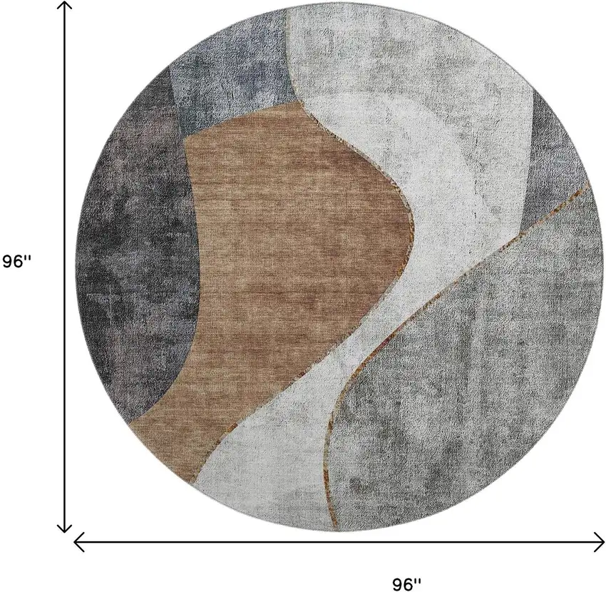 8' Gray Brown And Ivory Abstract Washable Round Rug With UV Protection Photo 8