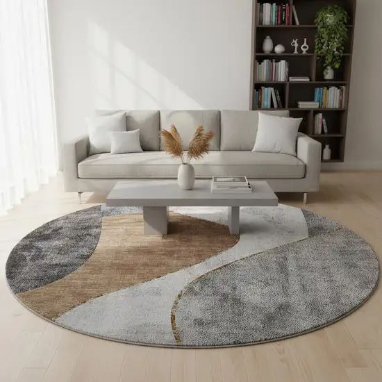 8' Gray Brown And Ivory Abstract Washable Round Rug With UV Protection Photo 2