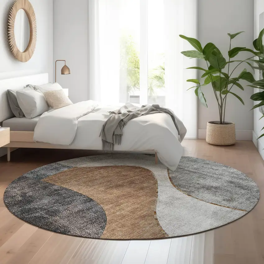 8' Gray Brown And Ivory Abstract Washable Round Rug With UV Protection Photo 3