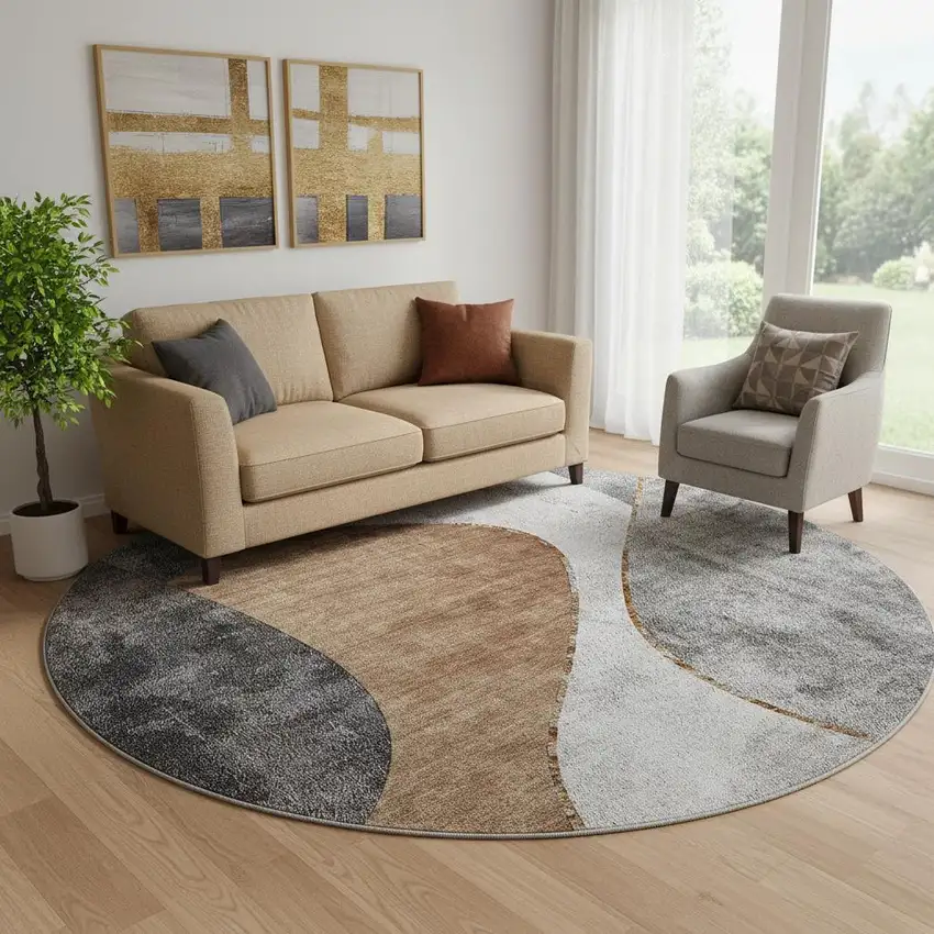 8' Gray Brown And Ivory Abstract Washable Round Rug With UV Protection Photo 1