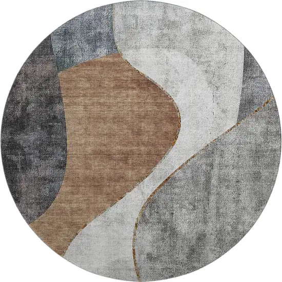 8' Gray Brown And Ivory Abstract Washable Round Rug With UV Protection Photo 1
