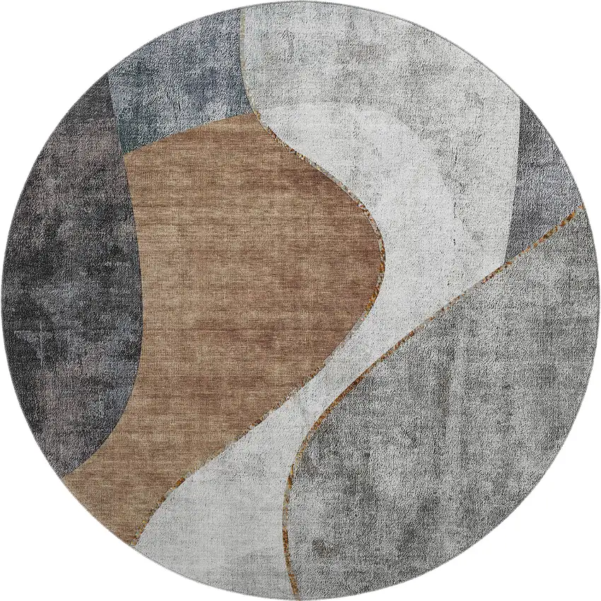 8' Gray Brown And Ivory Abstract Washable Round Rug With UV Protection Photo 1