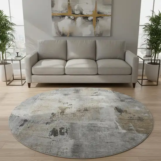 8' Gray Brown And Ivory Abstract Washable Round Rug With UV Protection Photo 2