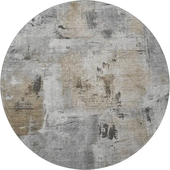 8' Gray Brown And Ivory Abstract Washable Round Rug With UV Protection Photo 3