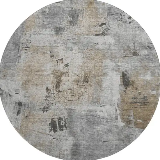 8' Gray Brown And Ivory Abstract Washable Round Rug With UV Protection Photo 2