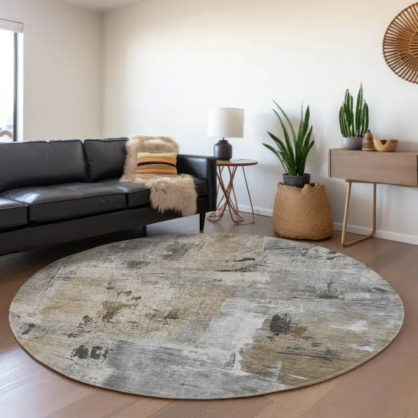 8' Gray Brown And Ivory Abstract Washable Round Rug With UV Protection Photo 4
