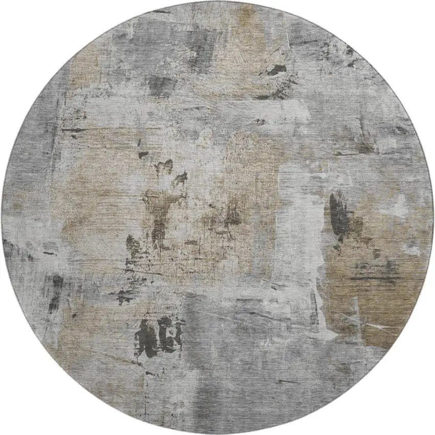 8' Gray Brown And Ivory Abstract Washable Round Rug With UV Protection Photo 1