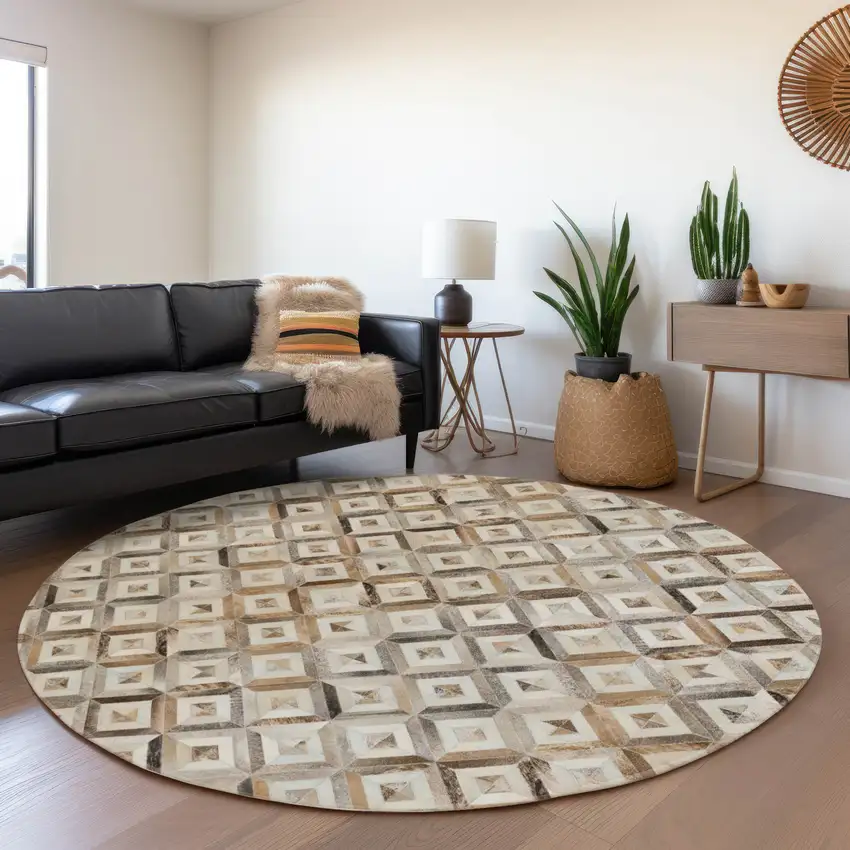 8' Gray Brown And Ivory Geometric Washable Round Rug With UV Protection Photo 4