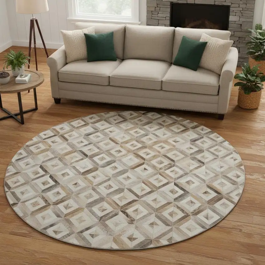 8' Gray Brown And Ivory Geometric Washable Round Rug With UV Protection Photo 1