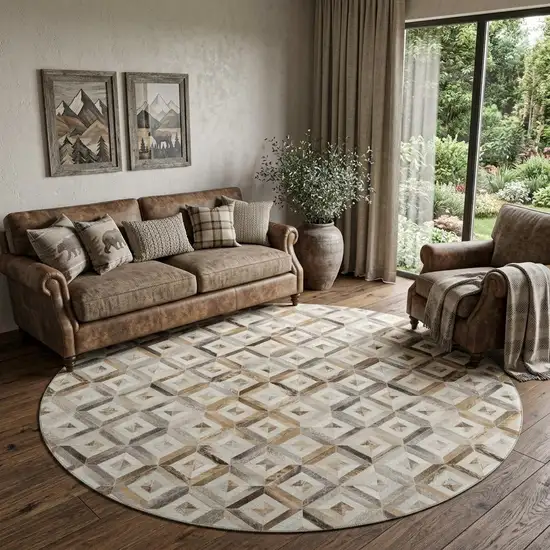 8' Gray Brown And Ivory Diamond Washable Round Rug With UV Protection Photo 1