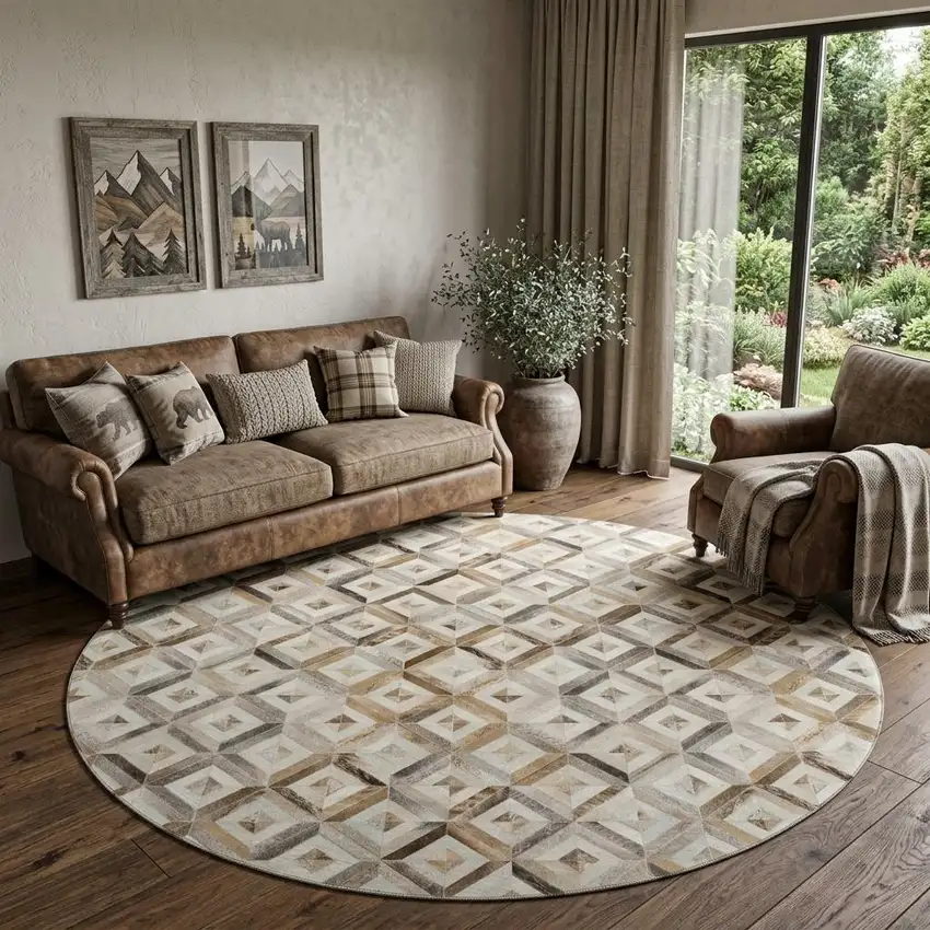 8' Gray Brown And Ivory Diamond Washable Round Rug With UV Protection Photo 1