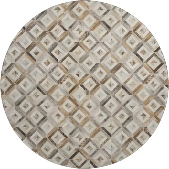 8' Gray Brown And Ivory Geometric Washable Round Rug With UV Protection Photo 2