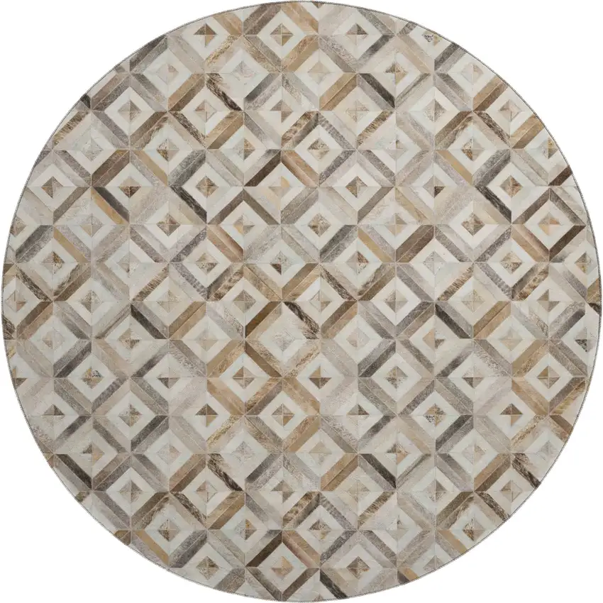 8' Gray Brown And Ivory Geometric Washable Round Rug With UV Protection Photo 2