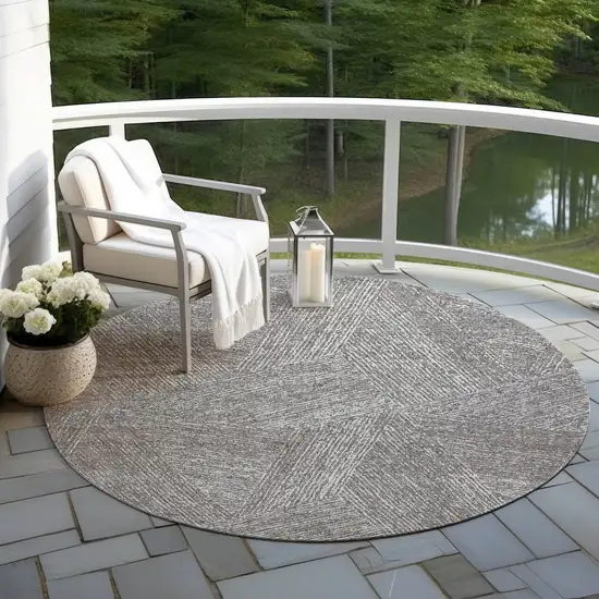 8' Gray Brown And Ivory Round Abstract Washable Indoor Outdoor Area Rug Photo 6