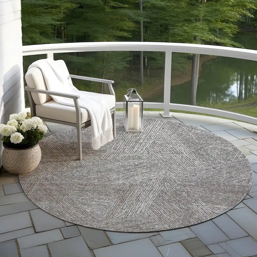 8' Gray Brown And Ivory Round Abstract Washable Indoor Outdoor Area Rug Photo 6