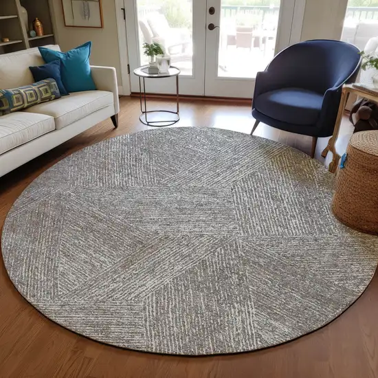 8' Gray Brown And Ivory Round Abstract Washable Indoor Outdoor Area Rug Photo 7