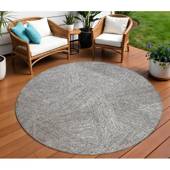 8' Gray Brown And Ivory Round Abstract Washable Indoor Outdoor Area Rug Photo 1
