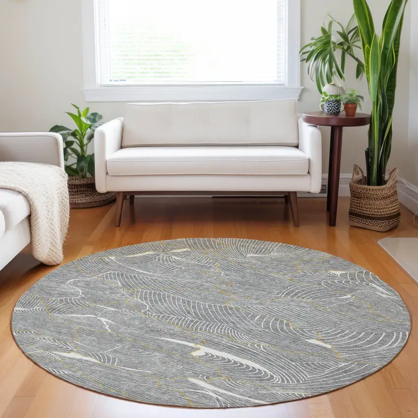 8' Gray Brown And Ivory Round Abstract Washable Indoor Outdoor Area Rug Photo 9