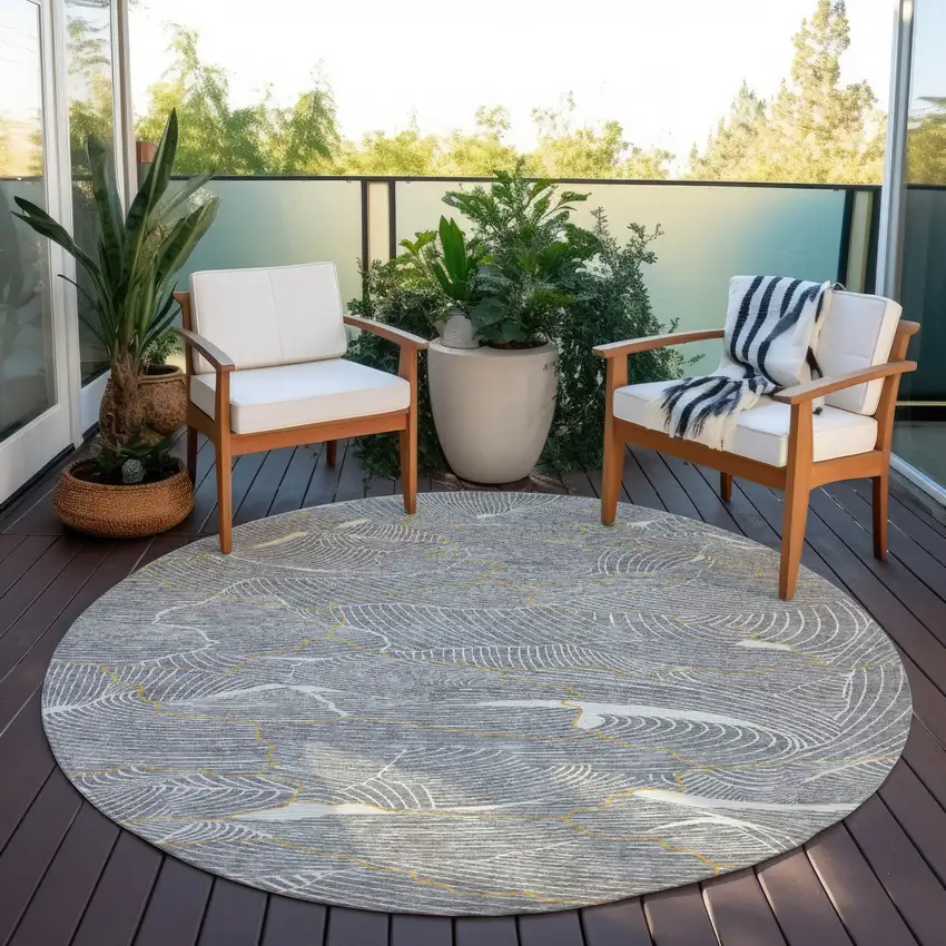 8' Gray Brown And Ivory Round Abstract Washable Indoor Outdoor Area Rug Photo 8