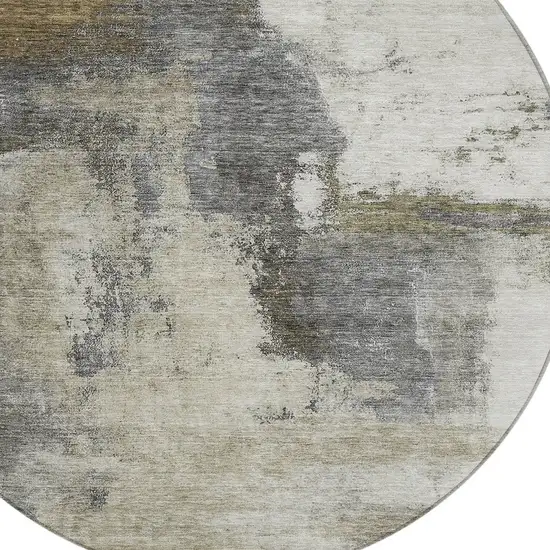 8' Gray Brown And Ivory Round Abstract Washable Indoor Outdoor Area Rug Photo 5