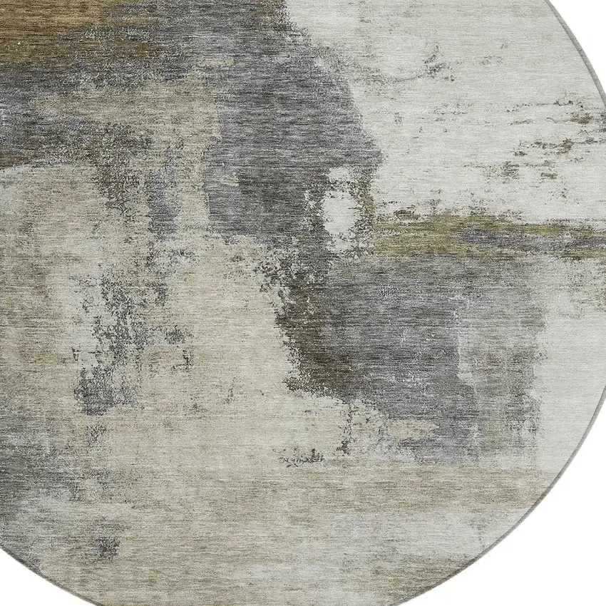 8' Gray Brown And Ivory Round Abstract Washable Indoor Outdoor Area Rug Photo 5