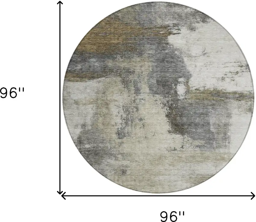 8' Gray Brown And Ivory Round Abstract Washable Indoor Outdoor Area Rug Photo 9