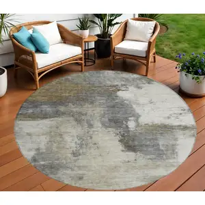 Photo of 8' Gray Brown And Ivory Round Abstract Washable Indoor Outdoor Area Rug