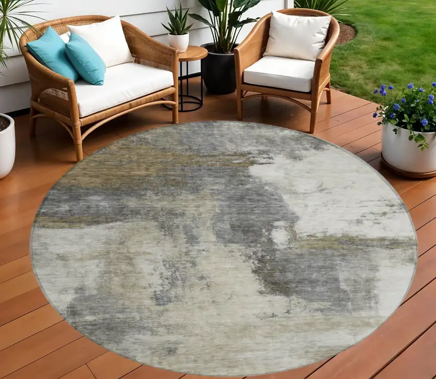 8' Gray Brown And Ivory Round Abstract Washable Indoor Outdoor Area Rug Photo 1