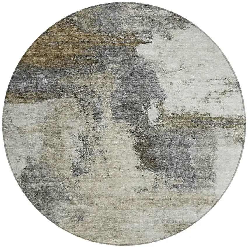 8' Gray Brown And Ivory Round Abstract Washable Indoor Outdoor Area Rug Photo 6
