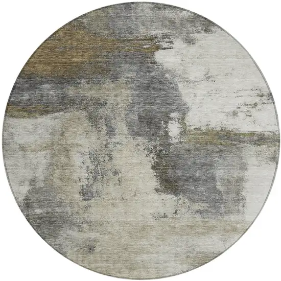 8' Gray Brown And Ivory Round Abstract Washable Indoor Outdoor Area Rug Photo 2