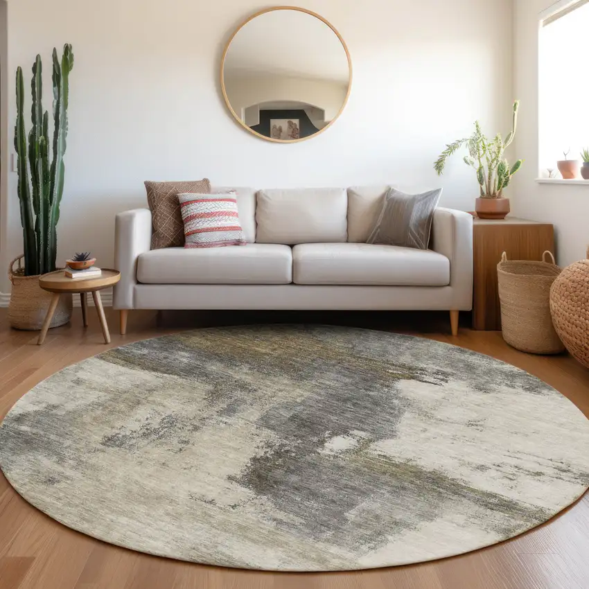 8' Gray Brown And Ivory Round Abstract Washable Indoor Outdoor Area Rug Photo 8