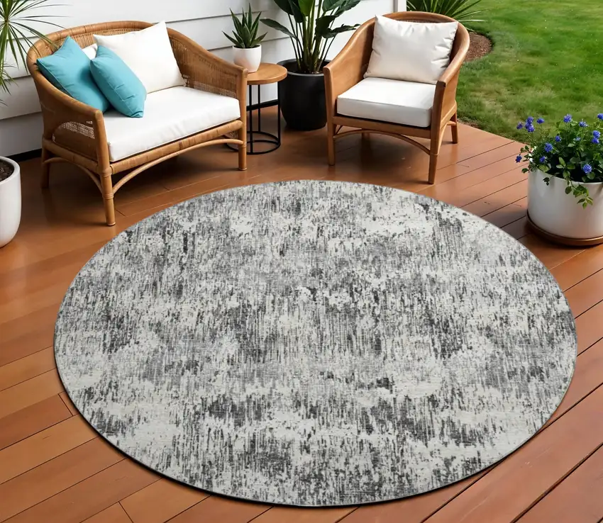 8' Gray Brown And Ivory Round Abstract Washable Indoor Outdoor Area Rug Photo 1