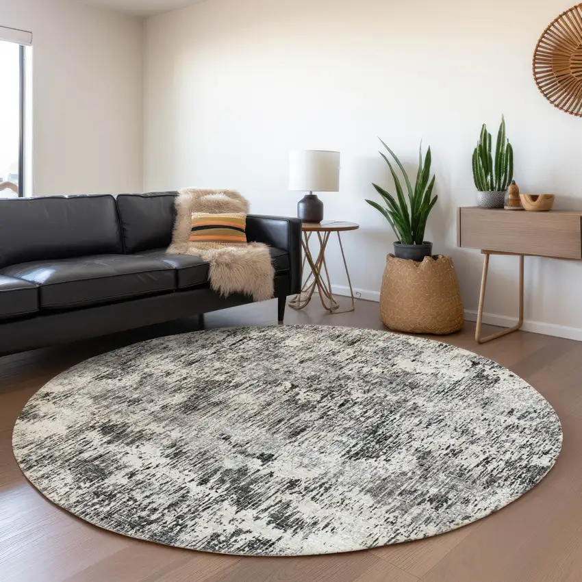 8' Gray Brown And Ivory Round Abstract Washable Indoor Outdoor Area Rug Photo 6