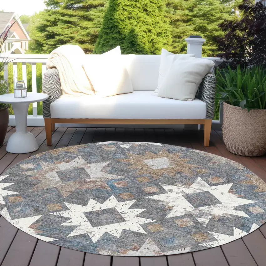 8' Gray Brown And Ivory Round Aztec Washable Indoor Outdoor Area Rug Photo 5