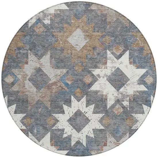 8' Gray Brown And Ivory Round Aztec Washable Indoor Outdoor Area Rug Photo 3