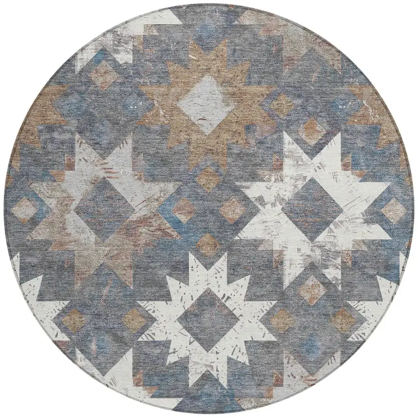 8' Gray Brown And Ivory Round Aztec Washable Indoor Outdoor Area Rug Photo 3