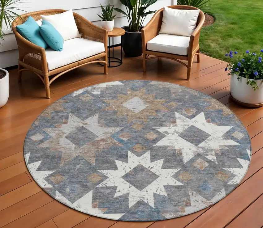 8' Gray Brown And Ivory Round Aztec Washable Indoor Outdoor Area Rug Photo 2