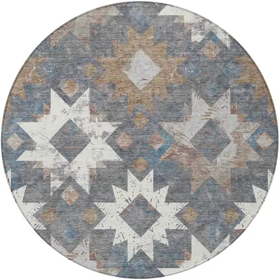 8' Gray Brown And Ivory Round Aztec Washable Indoor Outdoor Area Rug Photo 4