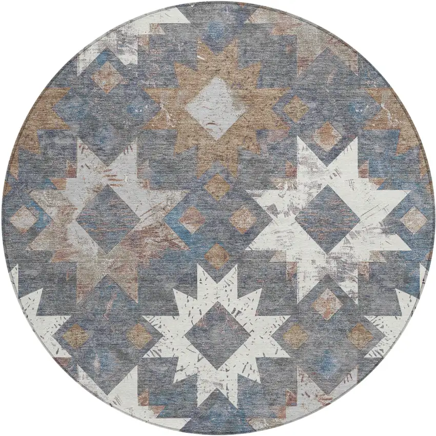 8' Gray Brown And Ivory Round Aztec Washable Indoor Outdoor Area Rug Photo 1