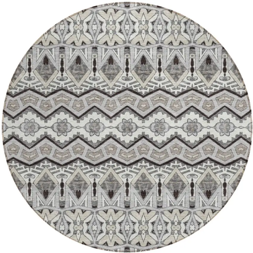 8' Gray Brown And Ivory Round Moroccan Washable Indoor Outdoor Area Rug Photo 6