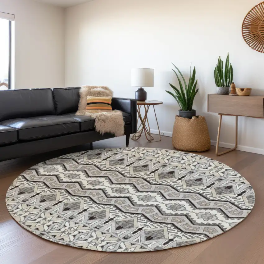 8' Gray Brown And Ivory Round Moroccan Washable Indoor Outdoor Area Rug Photo 8