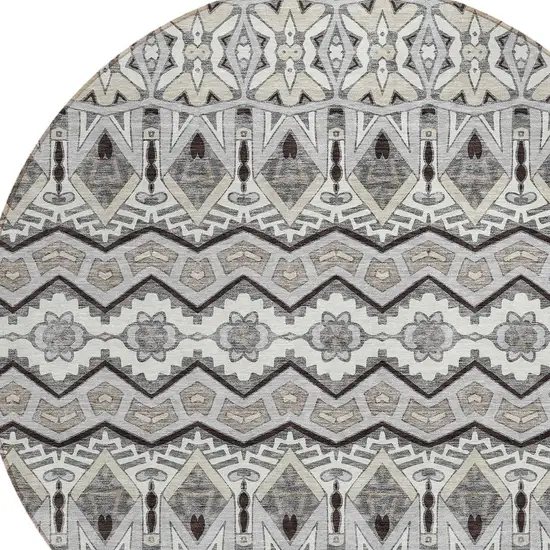 8' Gray Brown And Ivory Round Moroccan Washable Indoor Outdoor Area Rug Photo 5