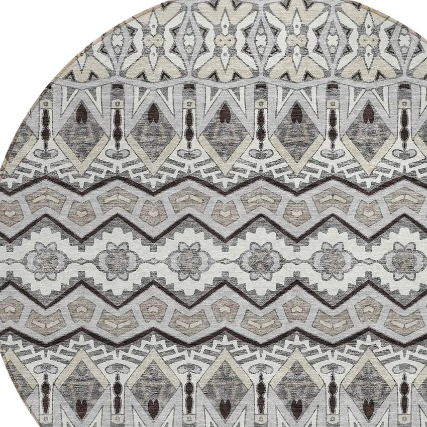 8' Gray Brown And Ivory Round Moroccan Washable Indoor Outdoor Area Rug Photo 5