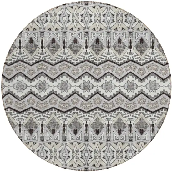 8' Gray Brown And Ivory Round Moroccan Washable Indoor Outdoor Area Rug Photo 2